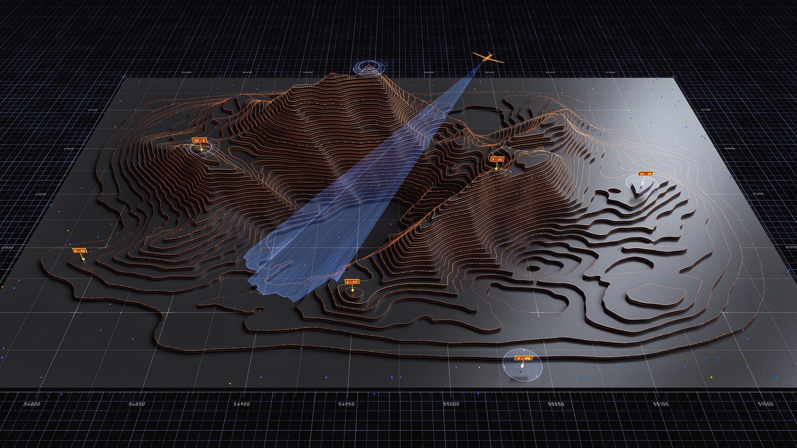 Technical visualization of a scanned mechanical form with precision targeting overlays
